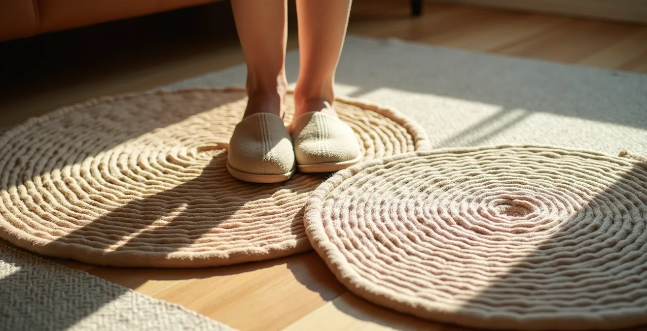 Vista cenital de un estudio con alfombras delimitando diferentes zonas funcionales