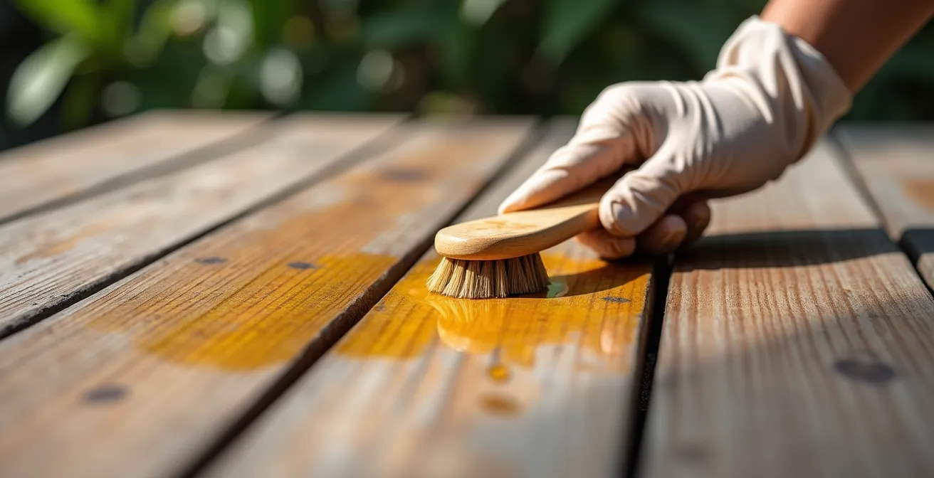 Manos aplicando aceite de teca sobre mesa de madera con brocha en terraza soleada