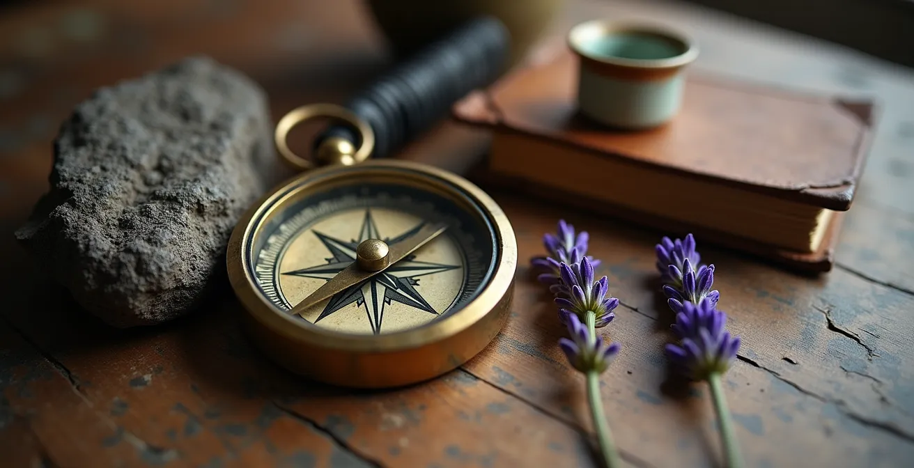 Composición artística de objetos de viaje agrupados contando una historia personal