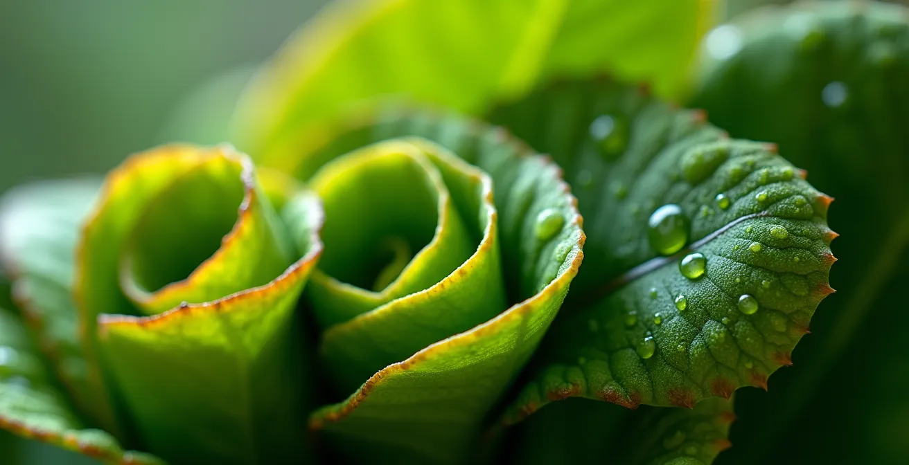 Detalle macro de hojas de Calathea mostrando diferentes estados de hidratación