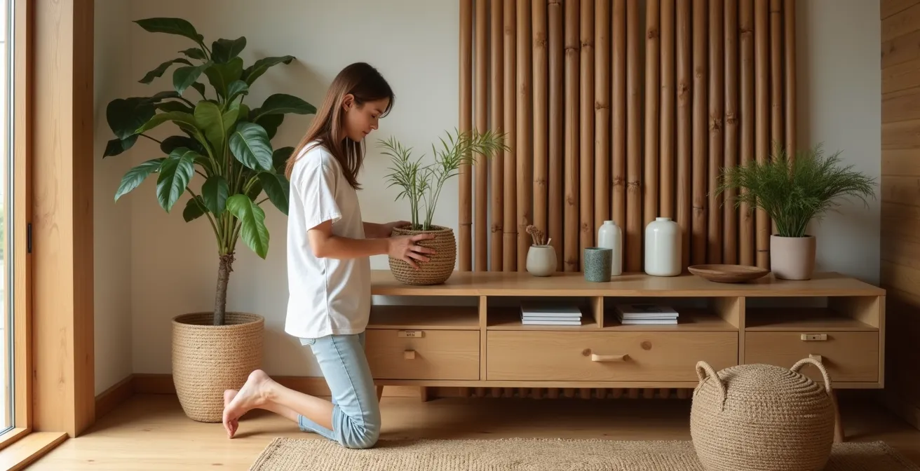 Combinación armoniosa de bambú y roble en decoración Japandi