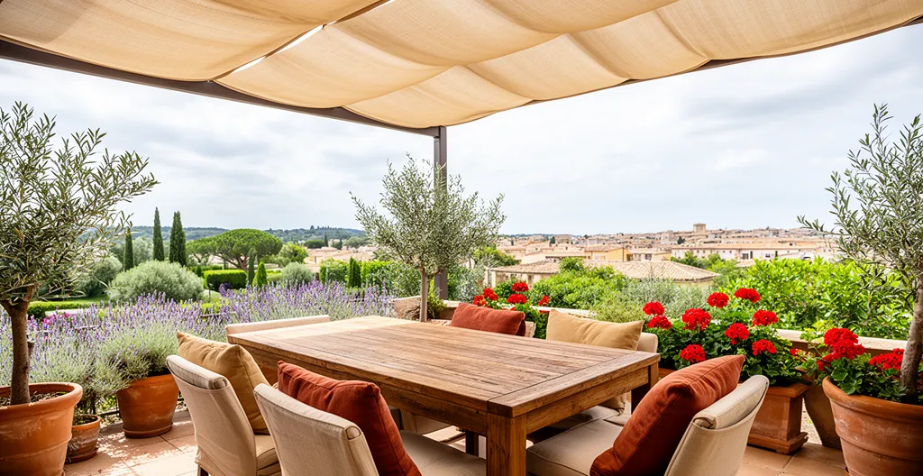 Comedor exterior bajo sombra de toldo con muebles de jardín protegidos