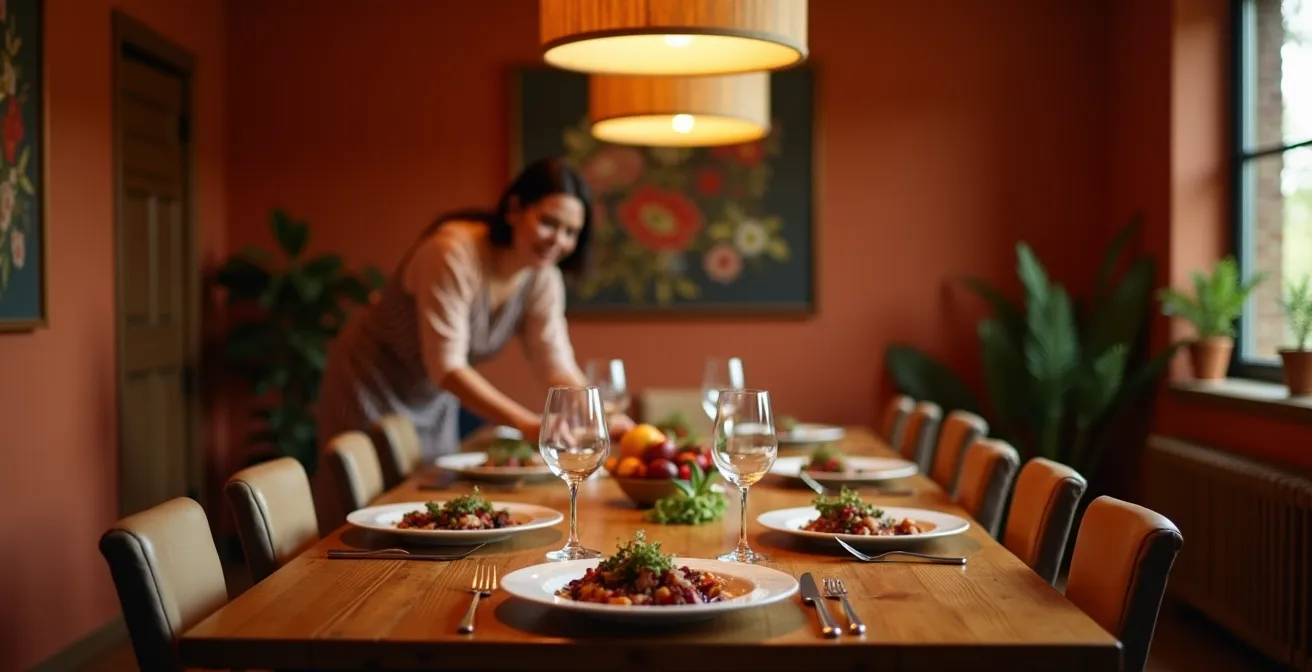 Comedor íntimo con paredes terracota y mesa de madera natural iluminada cálidamente
