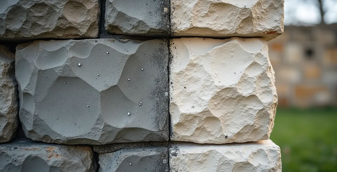 Sección transversal de muro de piedra mostrando la diferencia entre un rejuntado con cemento que atrapa la humedad y uno con cal que permite la transpiración