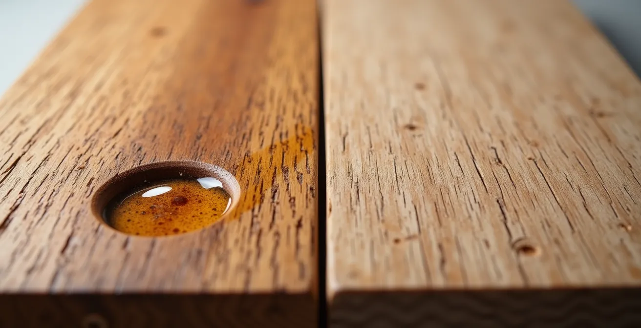 Comparación visual de dos muestras de roble con acabado aceitado y barnizado mostrando diferencias en la reparación