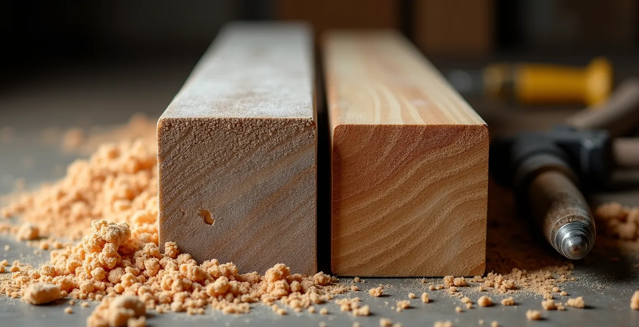 Comparación visual de técnicas de limpieza en vigas de madera mostrando texturas resultantes