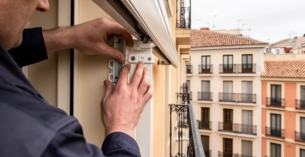 Instalador revisando soportes de toldo logia en balcón urbano