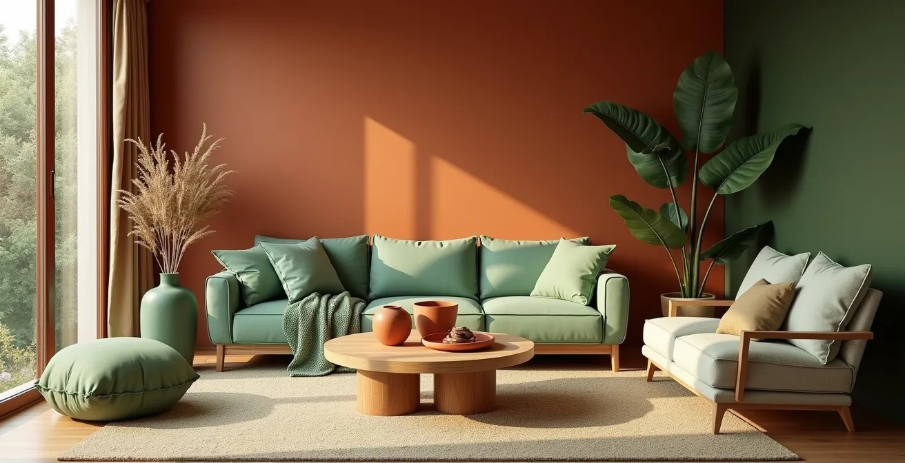 Salón moderno con pared terracota y detalles verde salvia en textiles y plantas