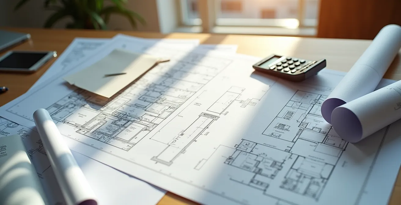 Mesa de trabajo con planos arquitectónicos y documentación para legalización de cerramiento