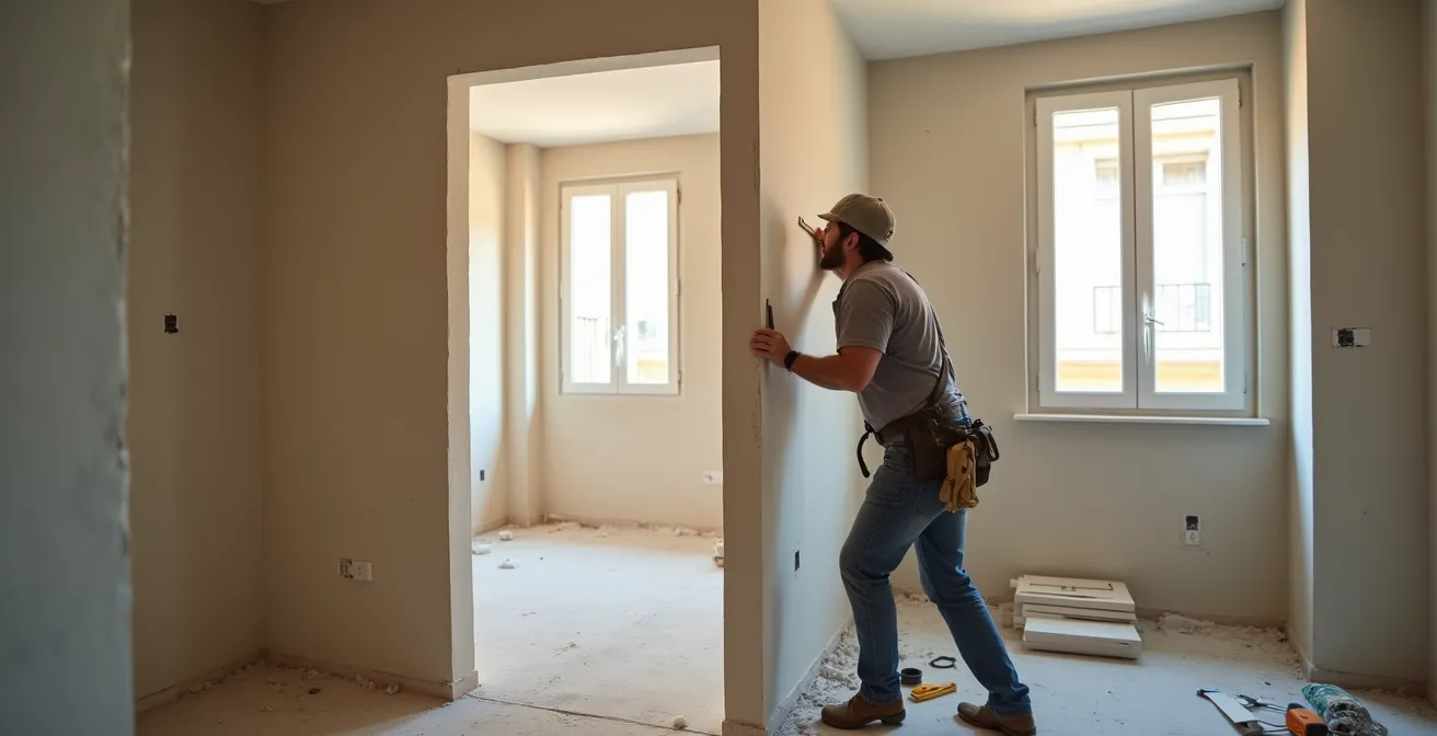 Vista interior mostrando la transformación de un pasillo en espacio de salón mediante obra seca con pladur