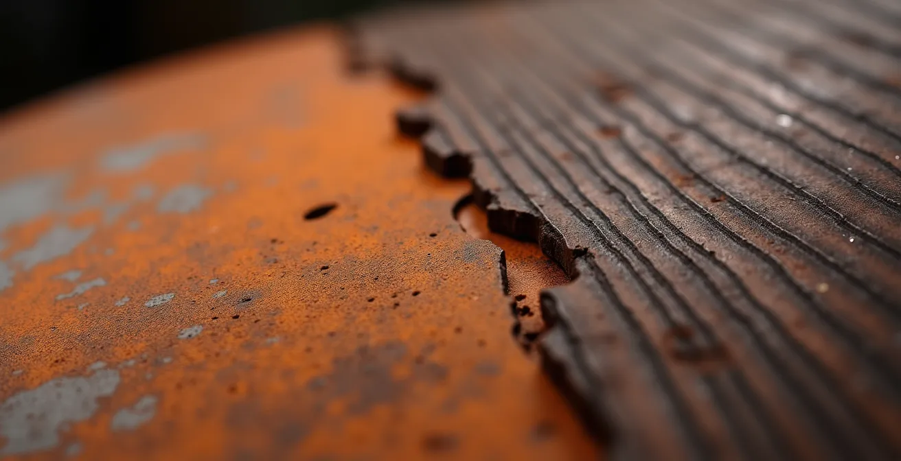 Detalle macro de escultura de acero Corten oxidado contrastando con superficie de madera de nogal pulida