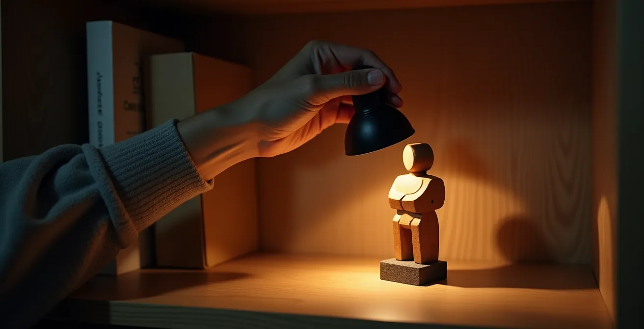 Pequeña escultura artesanal iluminada con foco dirigible creando sombras dramáticas