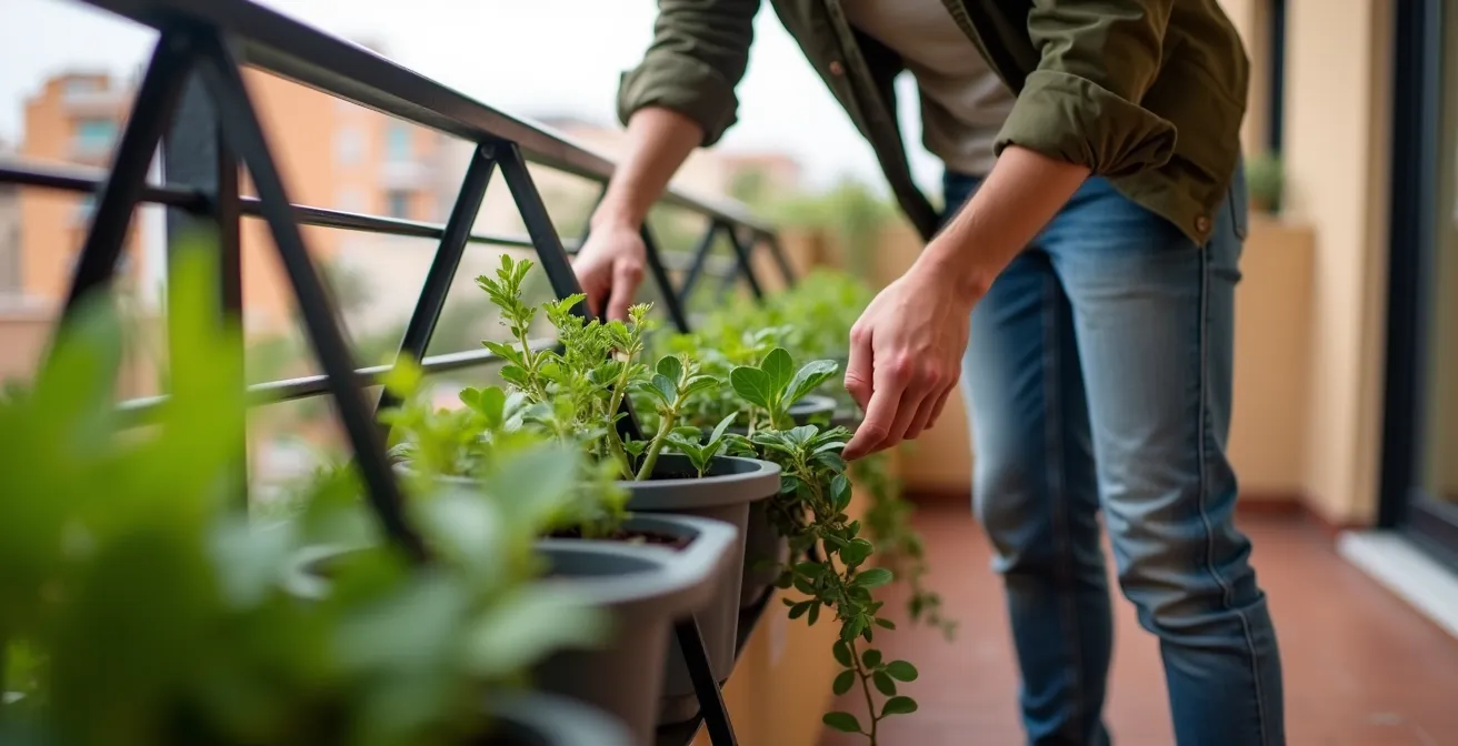 Sistema autoportante de jardín vertical apoyado en el suelo del balcón