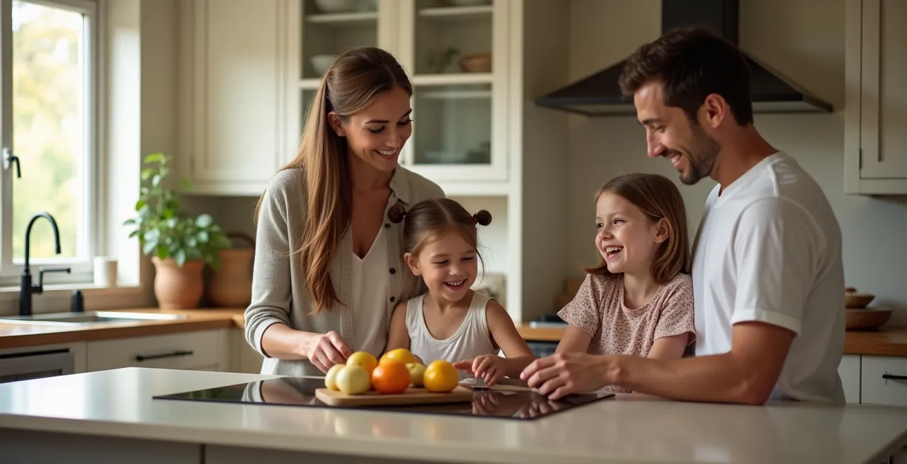 Familia interactuando alrededor de isla de cocina en espacio abierto