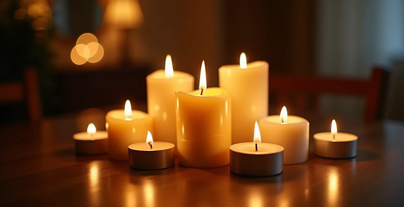 Ambiente de comedor con iluminación en tres capas usando velas de diferentes alturas