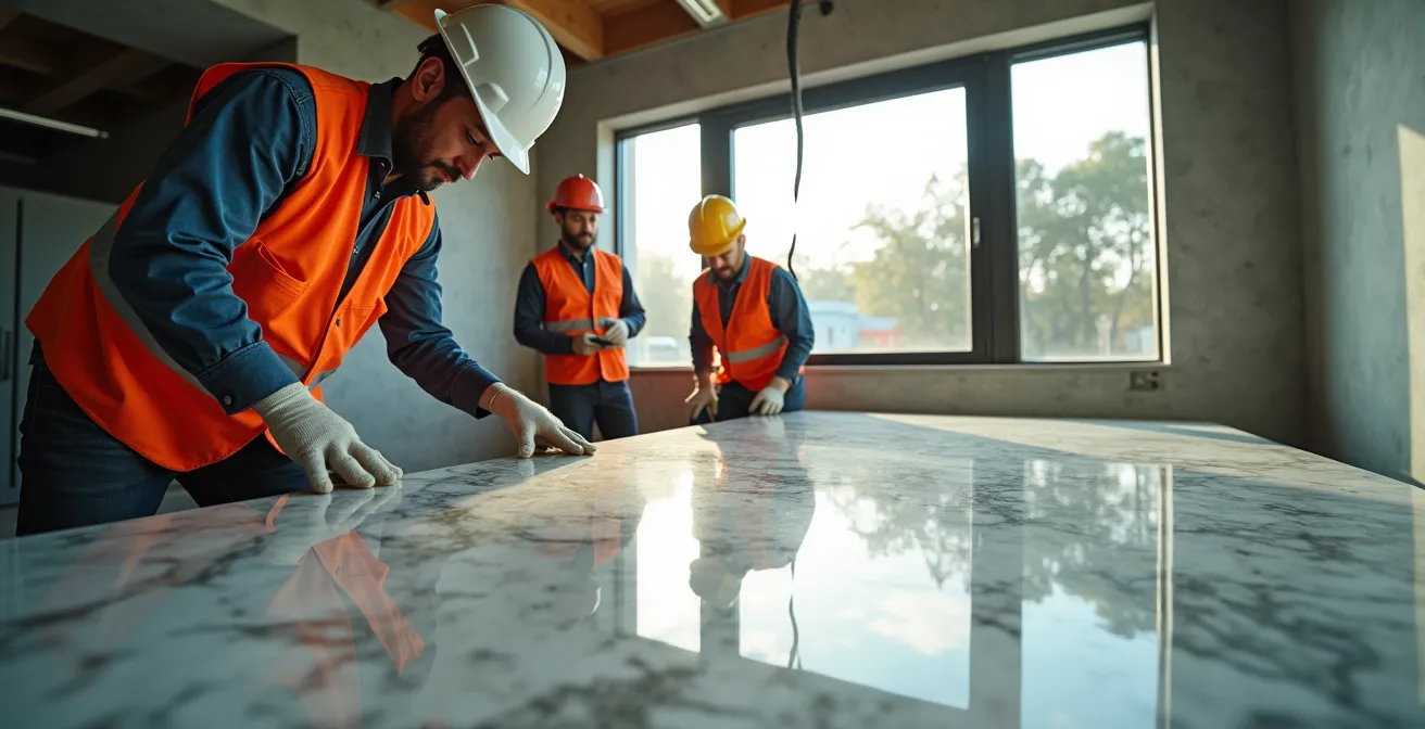 Equipo profesional instalando cuidadosamente losa de mármol exótico de gran formato en interior moderno