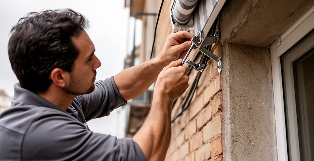 Instalador revisando anclajes de un toldo en pared exterior