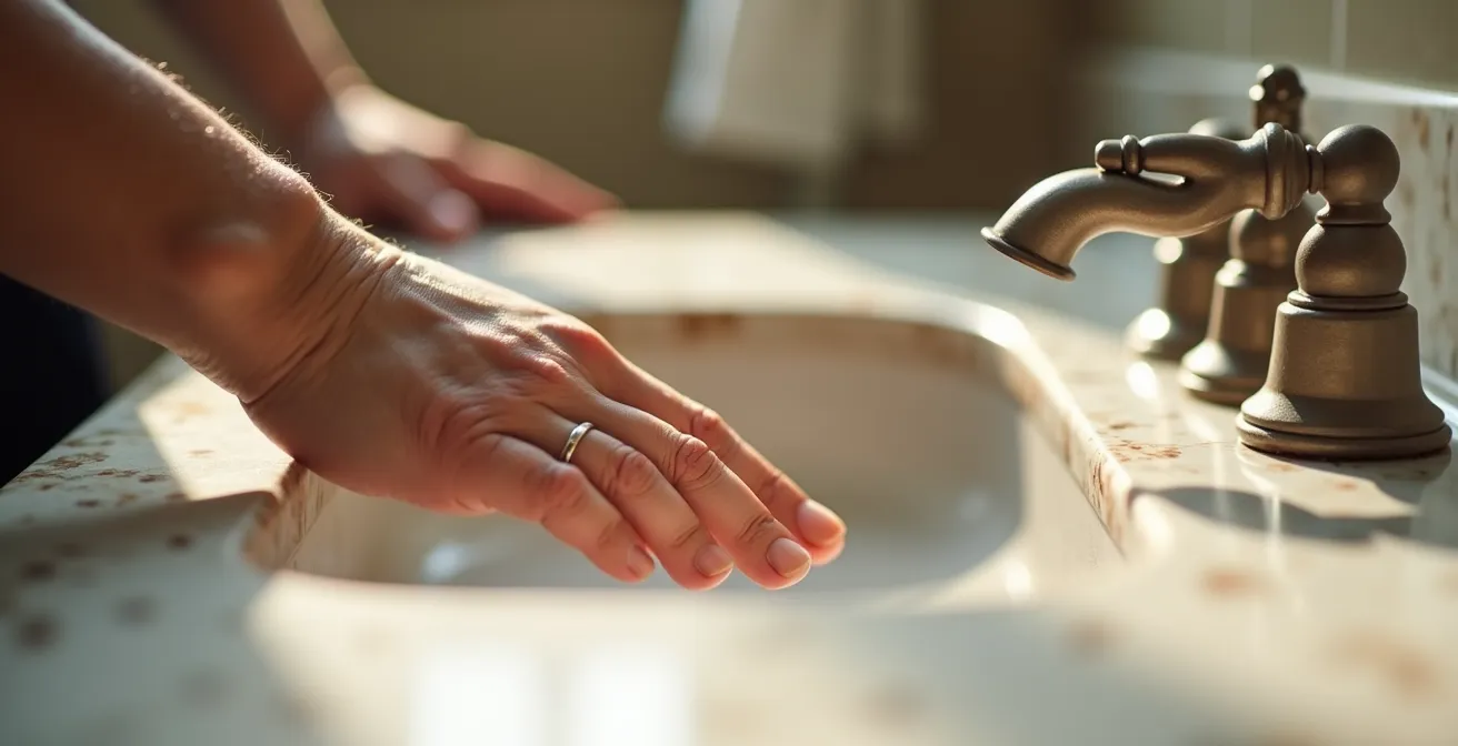 Detalle de lavabo con frente de mármol exótico en baño minimalista