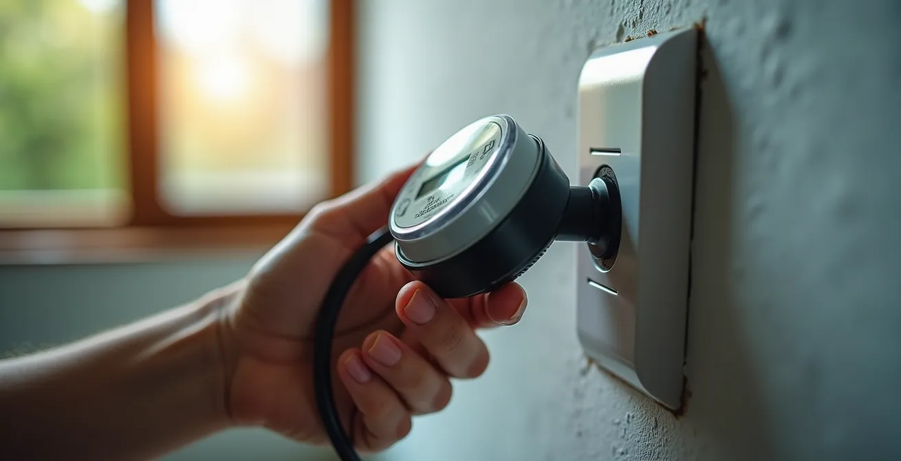 Primer plano de mano usando medidor de consumo en enchufe con cuadro eléctrico al fondo