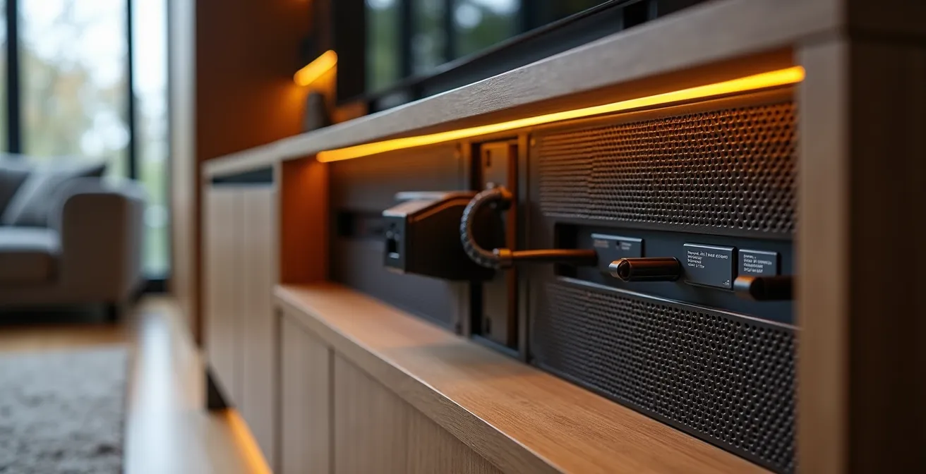 Mueble de TV con compartimento trasero oculto mostrando sistema de ventilación y organización de cables