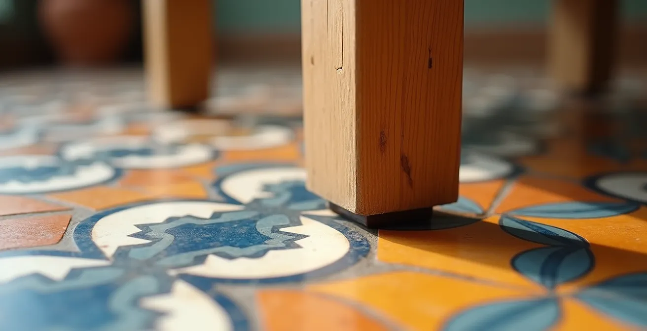 Detalle de muebles nórdicos con patas altas sobre baldosas hidráulicas españolas