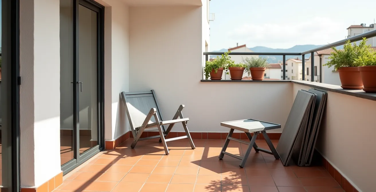 Terraza pequeña con muebles plegables de aluminio apilados eficientemente junto a pared