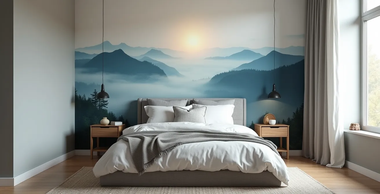 Mural de paisaje en dormitorio pequeño creando ilusión de profundidad con perspectiva atmosférica