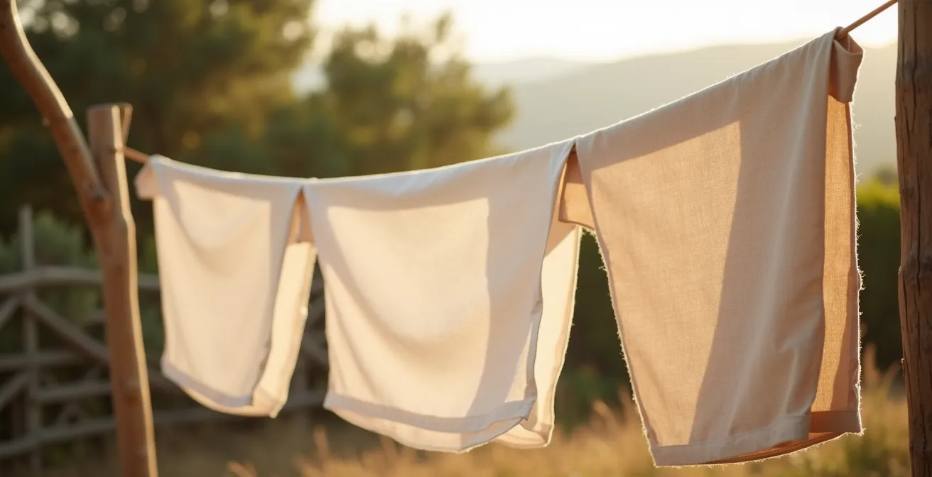 Sábanas orgánicas secándose al aire libre en un tendedero de madera