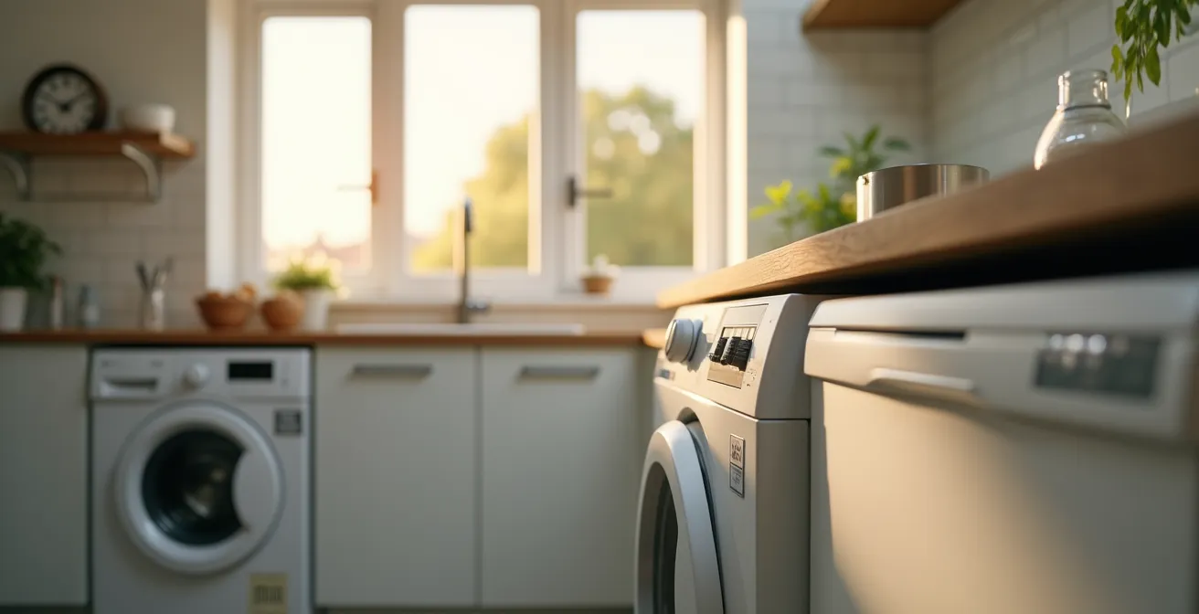 Vista amplia de cocina moderna con lavadora y lavavajillas mostrando temporizadores analógicos