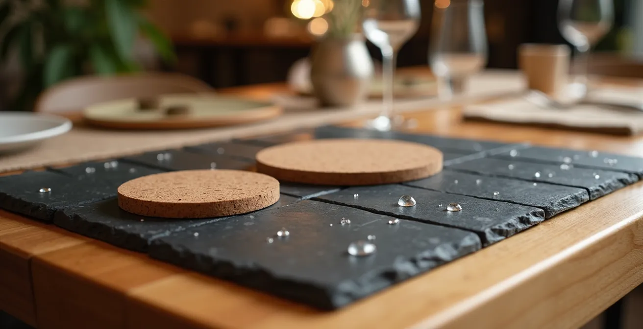 Mesa de madera con baldosas de pizarra decorativas y posavasos de corcho artísticamente dispuestos