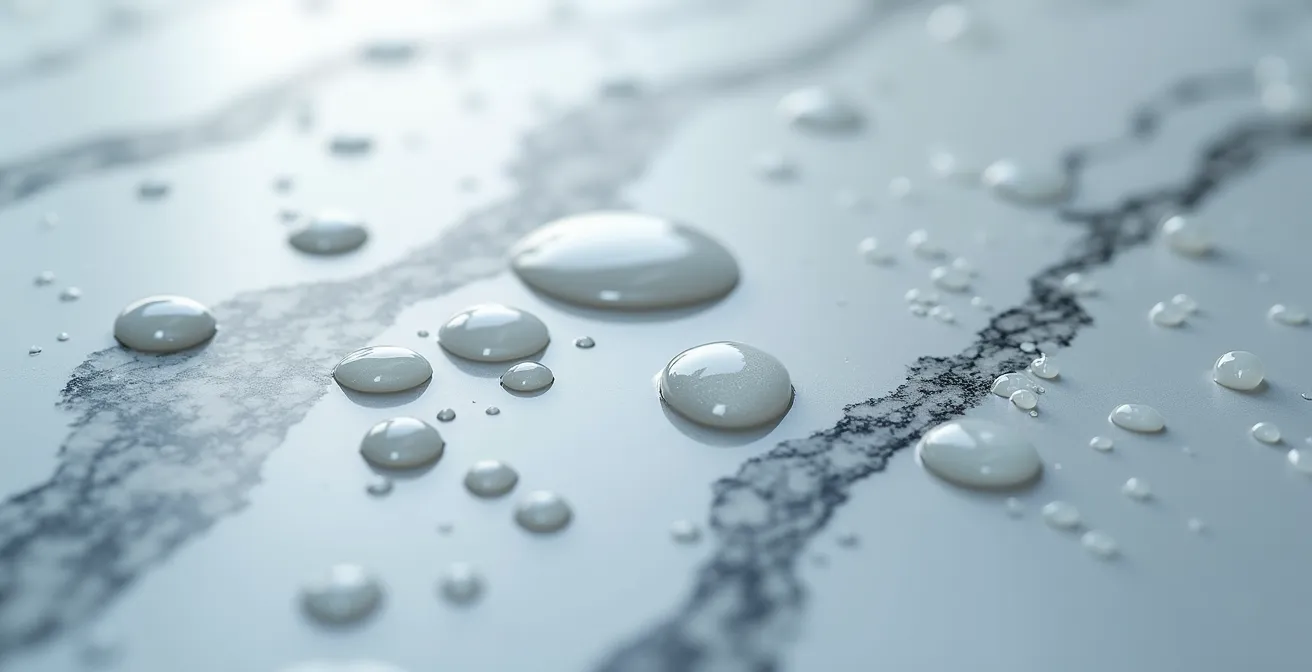 Prueba de la gota de agua sobre mármol sellado mostrando efecto perlado