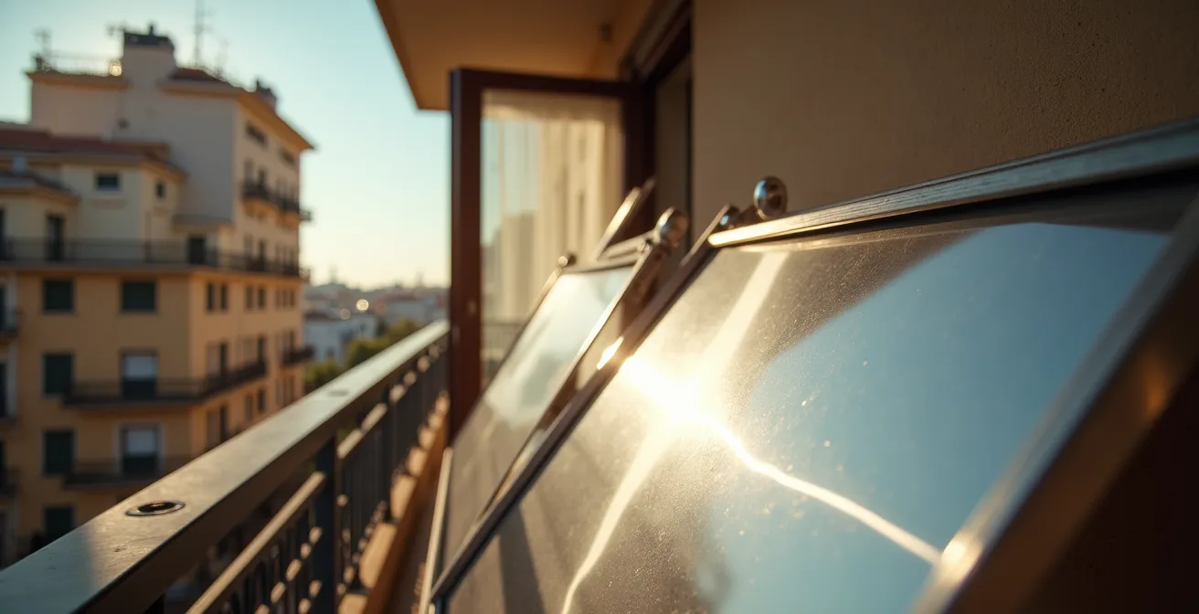 Sistema DIY de reflector solar instalado en balcón orientado al norte en edificio urbano