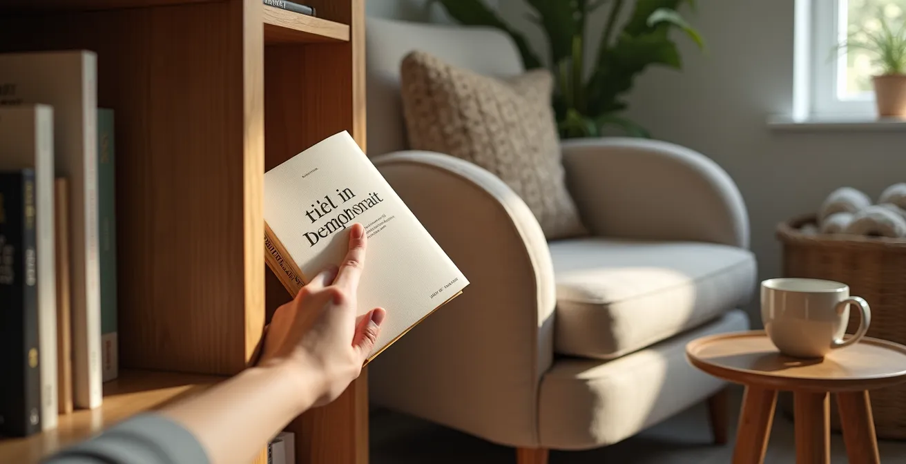 Rincón de lectura acogedor con sillón de lino y estantería minimalista