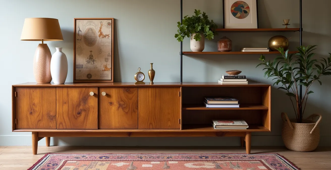 Salón con aparador antiguo junto a estantería moderna en perfecta armonía