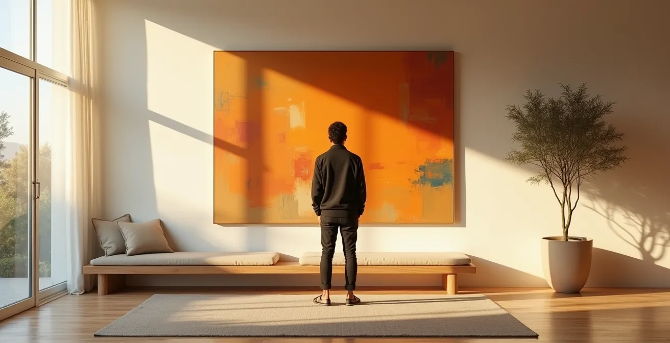 Vista amplia de salón minimalista con gran obra de arte abstracto como pieza emocional central bañado en luz dorada