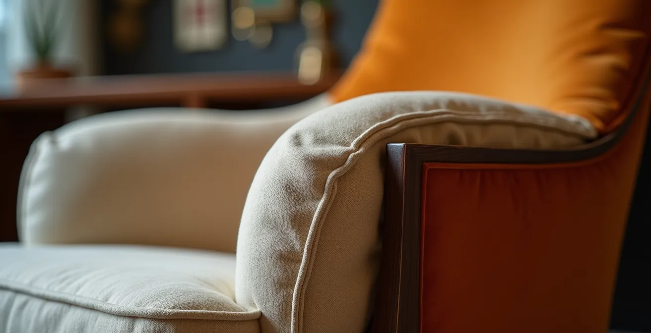 Detalle de silla de comedor con tapizado de terciopelo y respaldo ergonómico