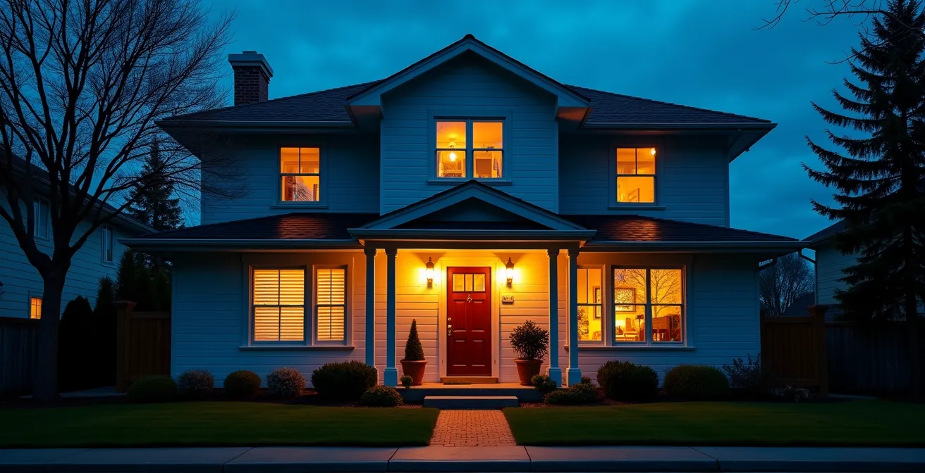Fachada de casa al atardecer con luces interiores encendidas automáticamente