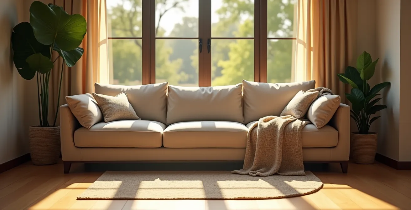 Sofá beige orientado hacia ventana con vista natural, plantas de interior y luz dorada de tarde
