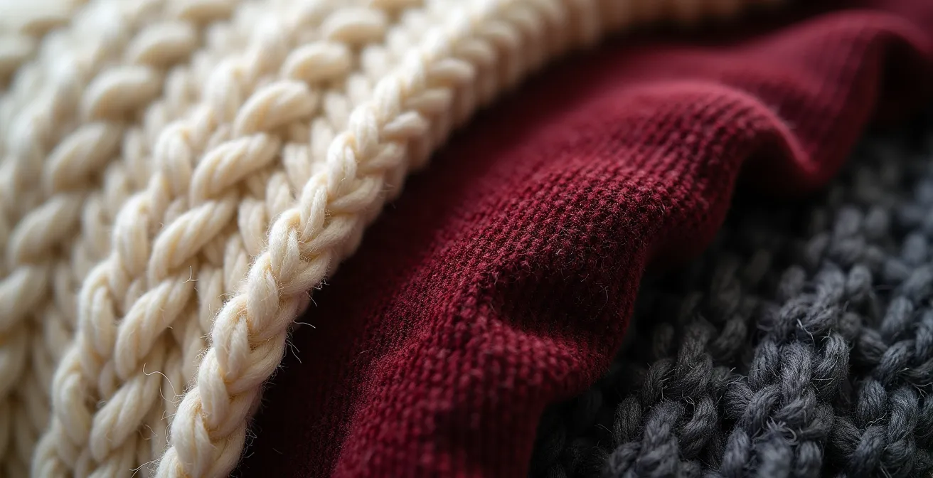 Detalle macro de textiles invernales superpuestos mostrando texturas de lana, terciopelo y punto grueso