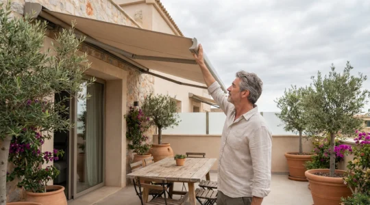 Propietario ajustando toldo logia minimalista en terraza mediterránea moderna