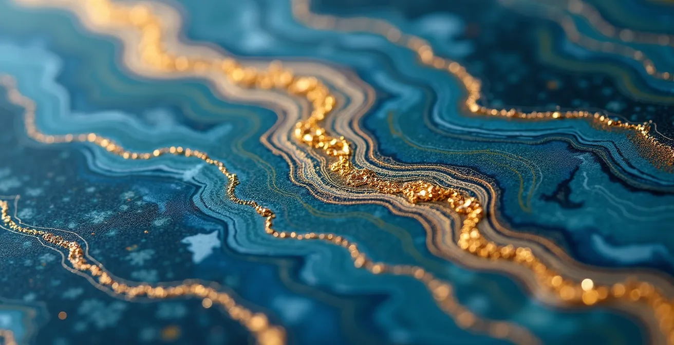 Detalle macro de vetas únicas en mármol brasileño Azul Bahía mostrando cristales naturales