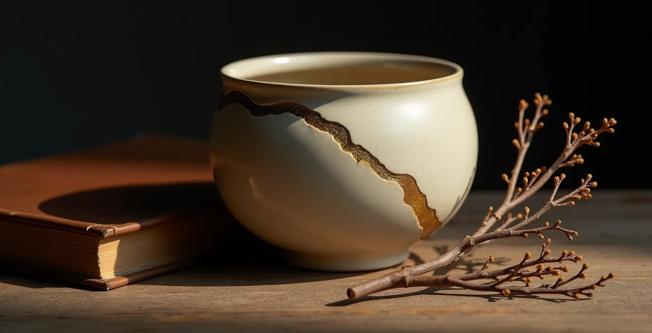 Detalle de jarrón cerámico reparado con técnica Kintsugi mostrando la belleza de la imperfección