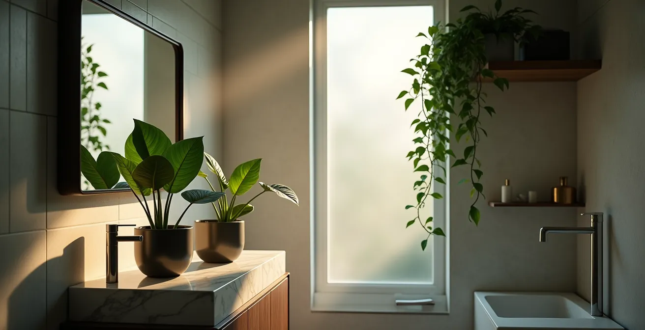 Zamioculcas y Potos en un baño moderno con luz tenue